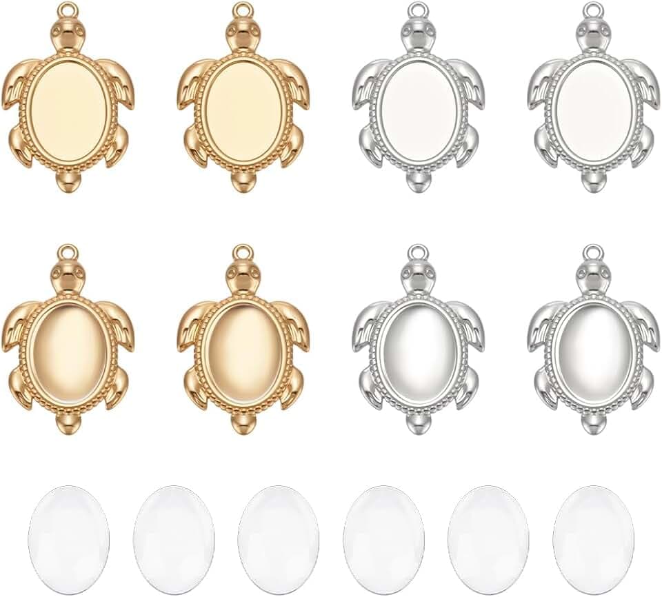 UNICRAFTALE 304 Stainless Steel Sea Turtle Blanks Ocean Turtle Charms Base Golden Blank Bezel Trays with Oval Cabochons Base for DIY Necklace Jewelry Making