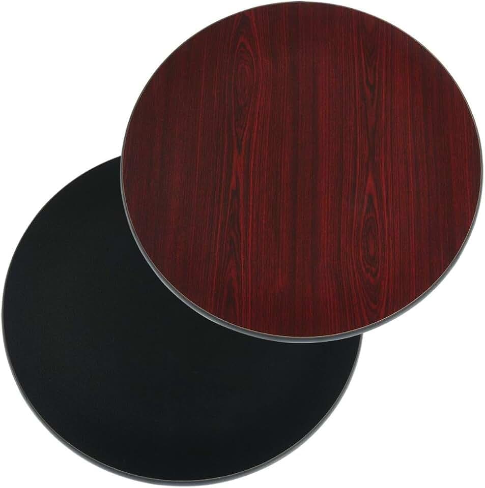FSE Reversible Dual-Sided Round Restaurant Table Top with Black Edge, Black/Mahogany Finish, Commercial Dining Table Surface for Cafes, Bars and Breakrooms, 24-Inch Diameter