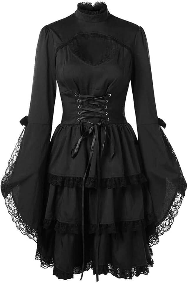 Lath.Pin Kleid, mittelalterlich, Renaissance, Halloween, für Damen, mit Spitze, Vintage-Stil mit Schnüren, Gothic-Stil (Schwarz, Gr. M)