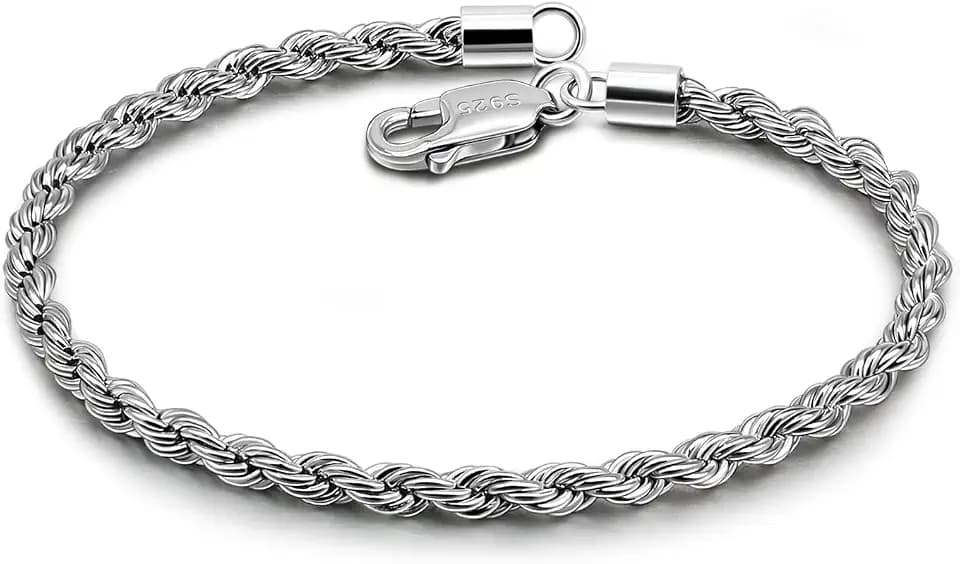 Dankadi Men Diamond Cut 925 Sterling Silver 3mm Twist Rope Chain Bracelets Women Bangle Clasp Rope Box Chain link 6.3" 6.7" 7" 7.5" 8" 8.5" 9" Cuff Jewelry Gifts