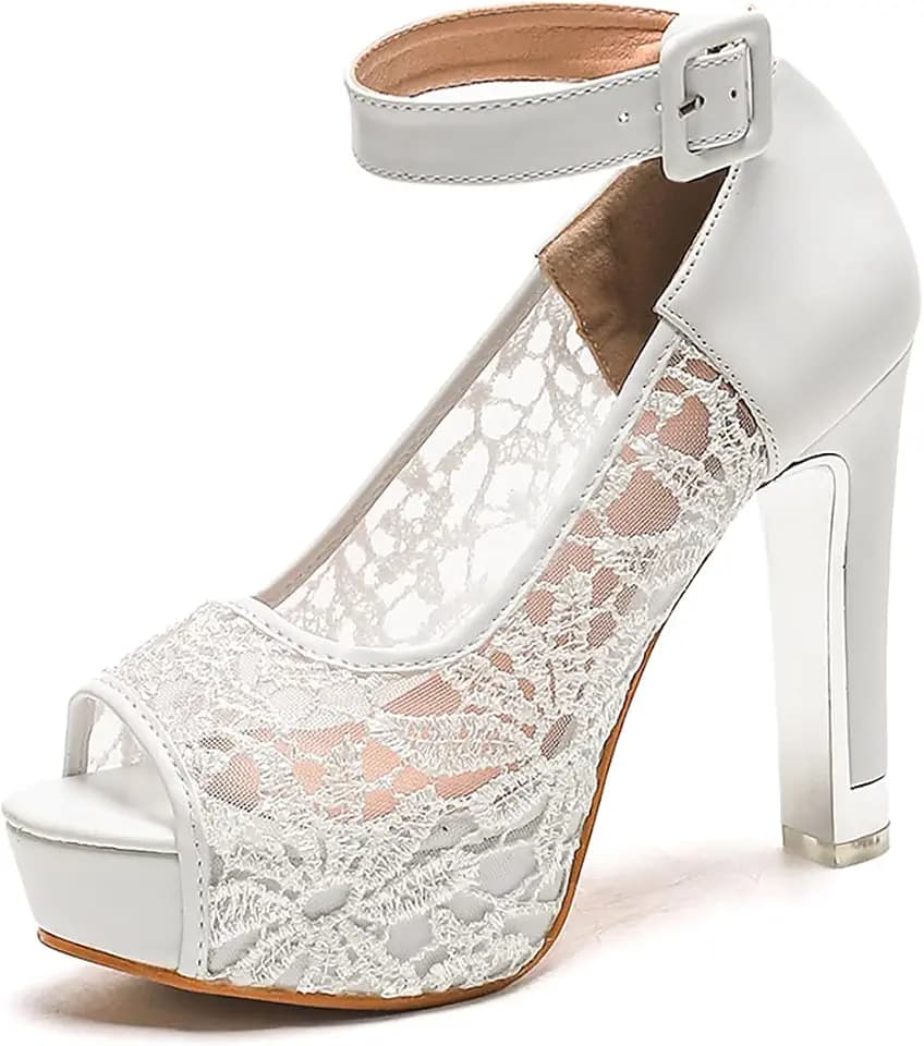 Jeesay Women's Lace Flower Chunky High Heels Sandals Open Toe Ankle Strap Mesh Platform Wedding Bridal Dress Shoes
