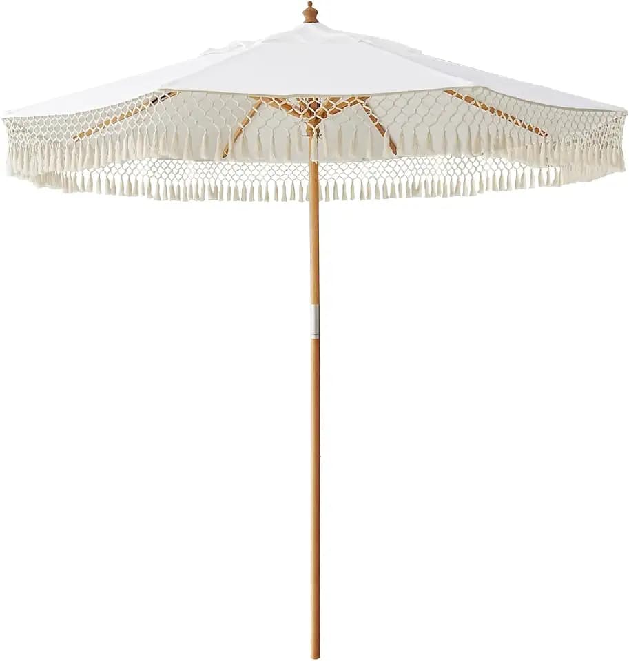 AMMSUN 8.5ft Boho Wood Patio Umbrella Market Umbrellas with Pulley Lift