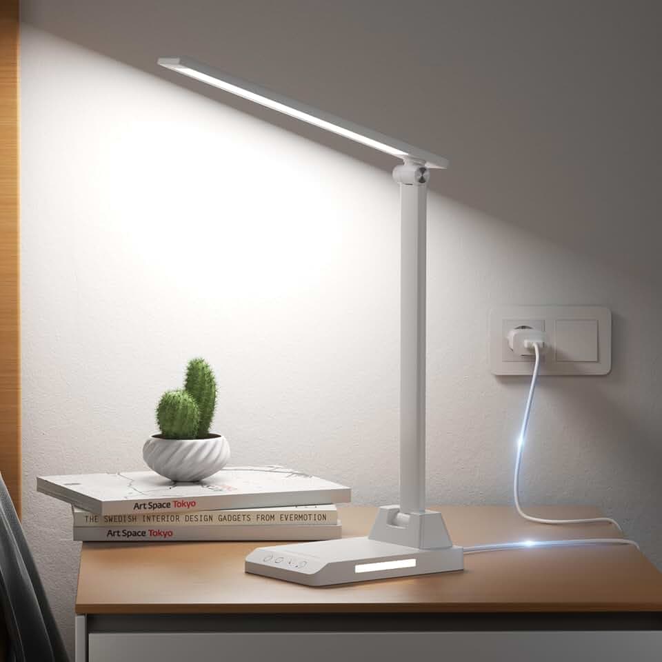 Schreibtischlampe LED Dimmbar, LED Tischlampe mit 5 Farben und 10 Helligkeitsstufen, USB Ladeanschluss, Nachtlicht, Timer, Touch Steuerung, Schreibtischlampe Kinder für Lektüre Büro, Weiß