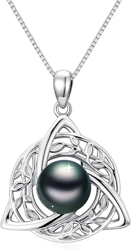 Tahitian Black Pearl AAAA 18K White Gold Plated Sterling Silver Leaf Celtic Knot Pendant Necklace for Women Wife Mom Girlfriend Her Jewelry Gift for Anniversary Birthday