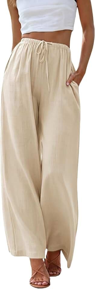 Cegerne Leinenhose Damen Sommerhose Leicht Freizeithose Lang Weite Beine Musselin Palazzo Hose Luftige Locker Sommer Strandhose mit Taschen, Beige~, 3XL