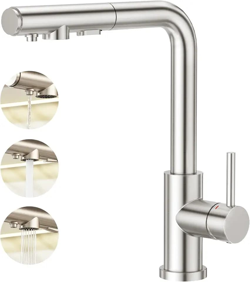 3 Wege Küchenarmatur mit Brause ausziehbar, Spültischarmatur Spülenarmatur Armatur Wasserhahn Küche für Wasserfilter Osmoseanlagen gebürstet
