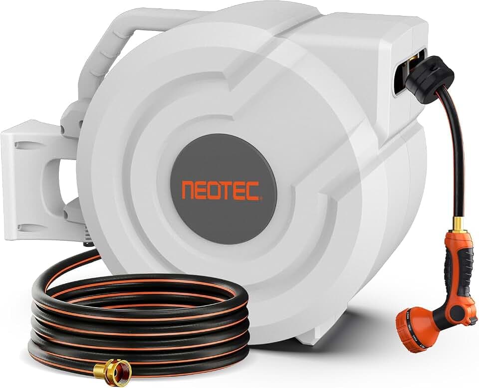 5/8 in 100ft Retractable Garden Hose Reel with Any-Length Lock Slow Auto Rewind Heavy Duty Water Hose Reel With 9-Pattern Nozzle 180° Swivel Bracket UV Resistant Wall Mounted Hose Reel for Outside