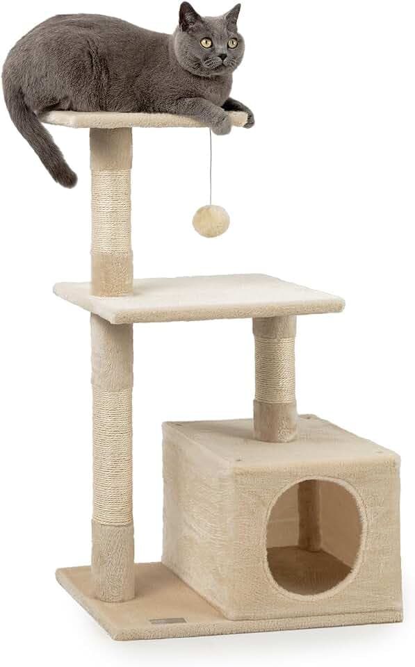 lionto Kratzbaum mit Höhle & viel Sisal, 3 Ebenen, Höhe 85 cm, Beige | Kleiner Katzenbaum mit Plüschball, Kuschelhöhle & Liegefläche zum Klettern, Spielen, Verstecken, Ausruhen & zur Krallenpflege