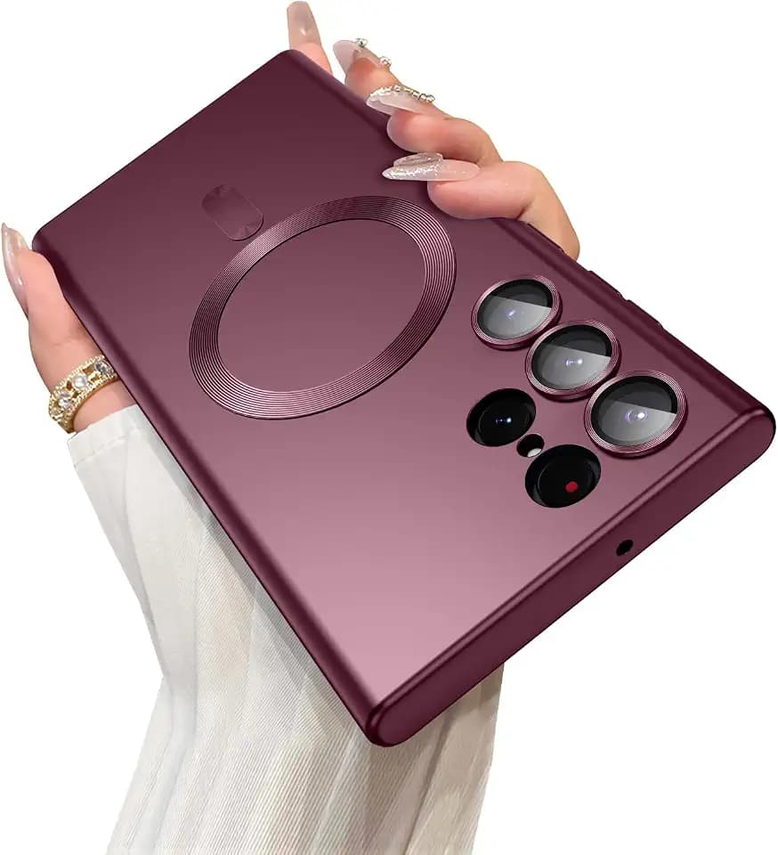 LEKEVO Magnetic for Samsung Galaxy S23 Ultra Case [Compatible with MagSafe][Built-in Camera Lens Protector] Slim Soft Silicone Bumper Shockproof Metallic Luster Phone Case (Burgundy)