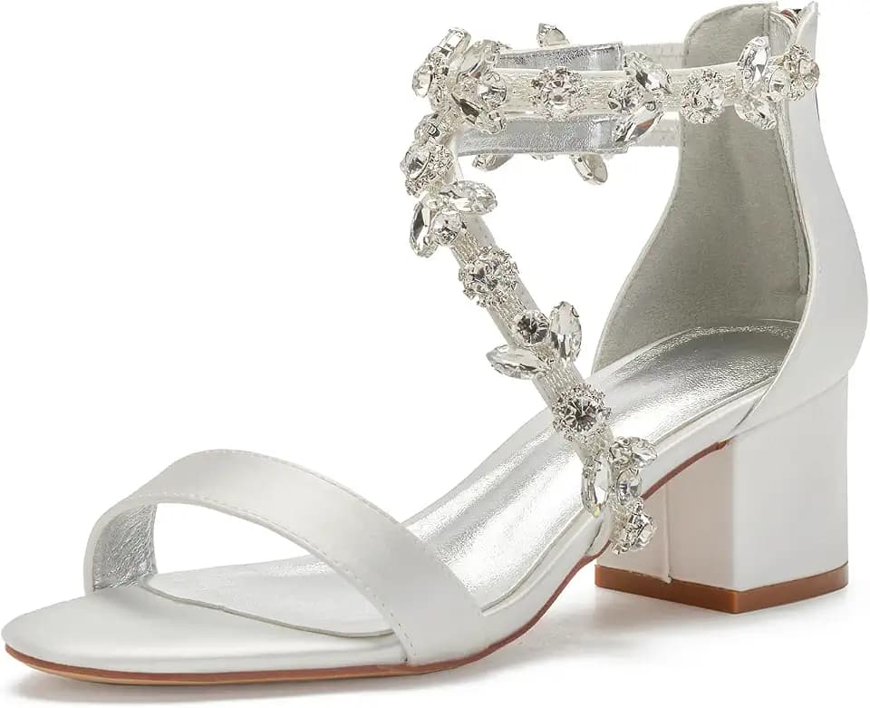 Women's Low Block Heel Sandals Chunky Ankle Strap Crystal Wedding Dress Shoes Low Heel Comfortable Pump Sandals