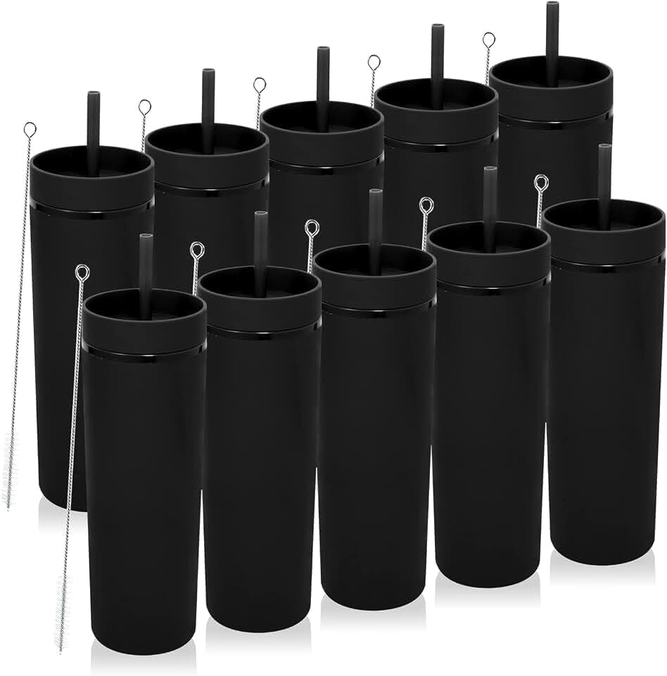 Volhoply 600 ml Trinkbecher mit Deckel und Strohhalm Zehnerpack,20oz Doppelwandiger Wiederverwendbar Reisebecher,BPA-freier Matte Pastellfarben Acryl-Plastikbecher für Geschenk(Schwarz,10 Stück)