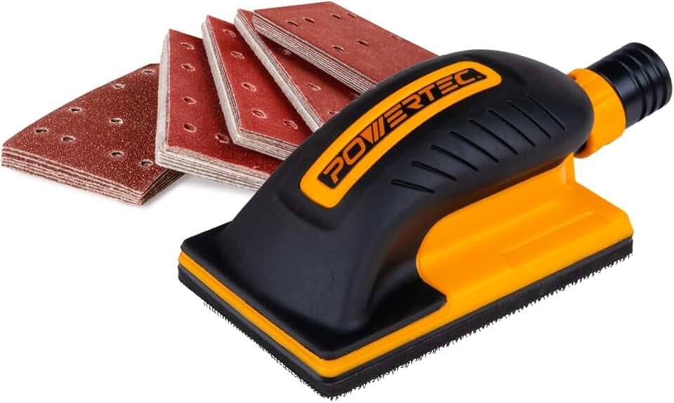 POWERTEC Vacuum Sanding Block Set w/ 1" OD Dust Extraction, Dust-Free Hook and Loop Sandpaper (40, 80, 120, 180, 240 Grit, 10 Each) for Woodworking, Sanding Tool for Auto Body, Paint, Drywall (71514V)