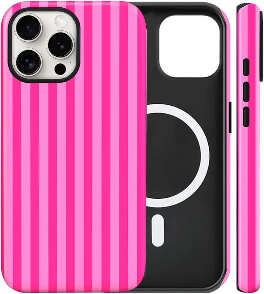 Magnetic for iPhone 15 Pro Max Case Cute Stripes Phone Case, Deep Pink