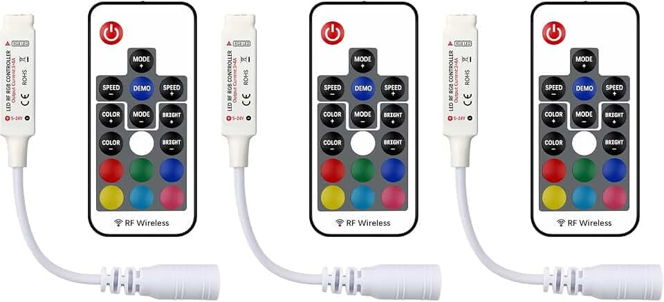 DC 12V RGB LED Controller with 17-Key RF Wireless Remote Control Dimmer for 5050 3528 5630 LED Strip Lights(3 Pack)