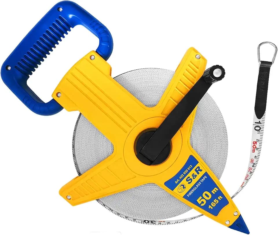 S&R Bandmaß Fiberglas 50 METER / 165 Ft (Zoll) Beidseitig markiert, Breite 13 mm Rollmassband Meter/Zoll Fuß, Rollbandmaß mit Metallring und Zentrierspitze