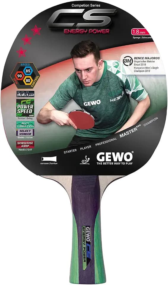 GEWO CS Energy Power - Tischtennis-Schläger - Profi-Tischtennisschläger, ITTF genehmigt - Schläger mit kontrolliertem Belag und hohen Rotationseigenschaften, konkav, 1,8mm Schwamm, rot-schwarz