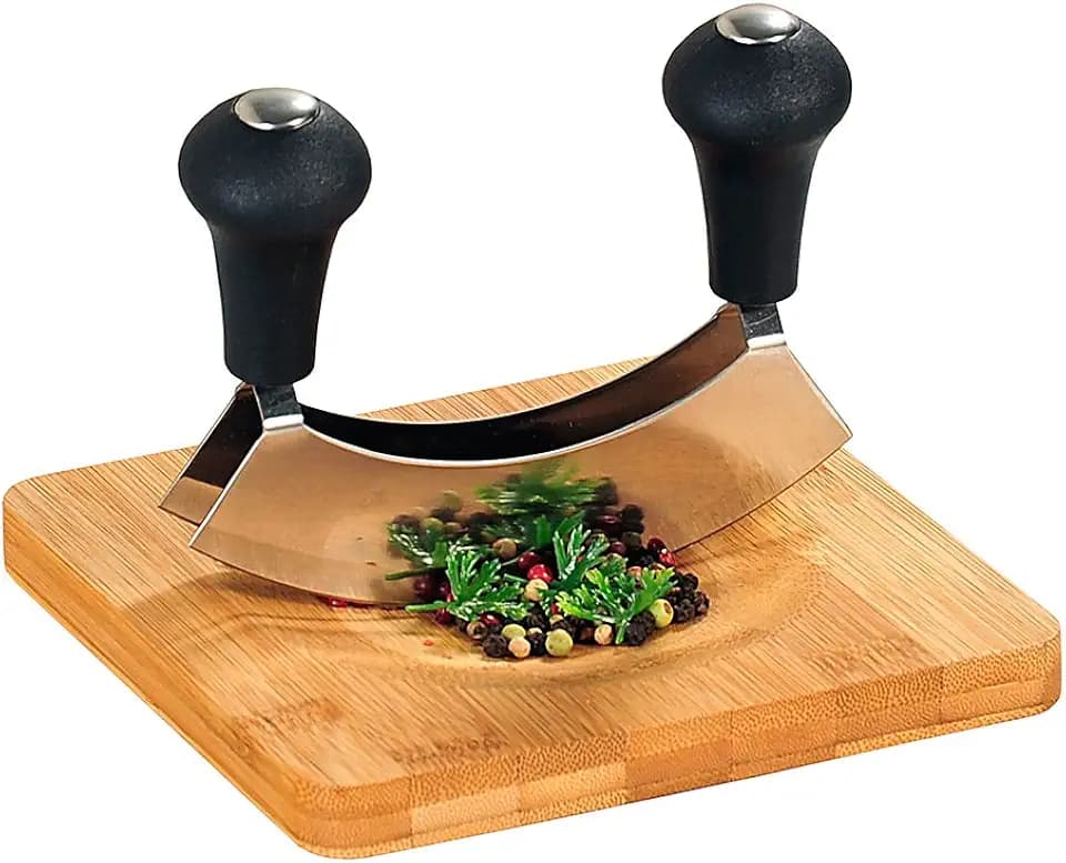 KESPER | Kräuterschneidebrett mit Wiegemesser, Material: Bambus, Edelstahl, Maße: 16 x 16 x 1,8 cm, Farbe: Braun, Silber | 50646