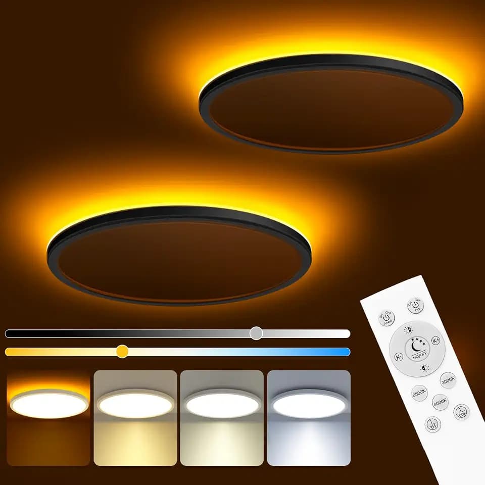 zemty 12 Inch LED Ceiling Light with Night Light 1800K, 2 Pack Dimmable Ceiling Lights with Remote Control, Low Profile for Bedroom, Living Room, Kitchen - Black