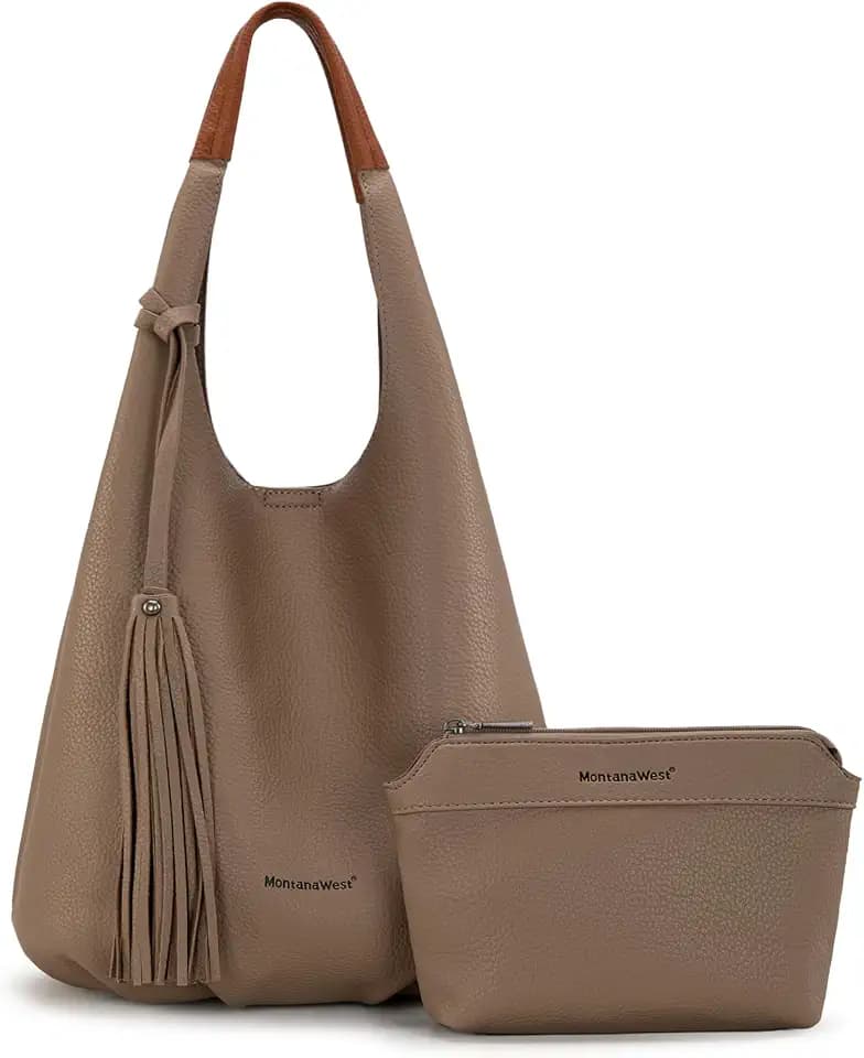Montana West Hobo Bags for Women Slouchy Handbags 2PCS Tassels Shoulder Bag with Comestic Bag