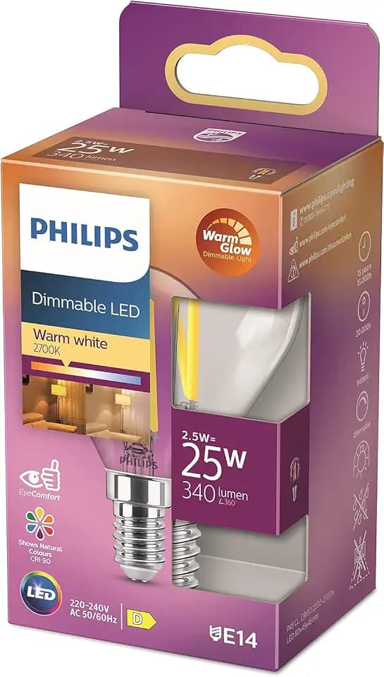 Philips LED Classic E14 WarmGlow Lampe, 25 W, Tropfenform, dimmbar, klar, warmweiß