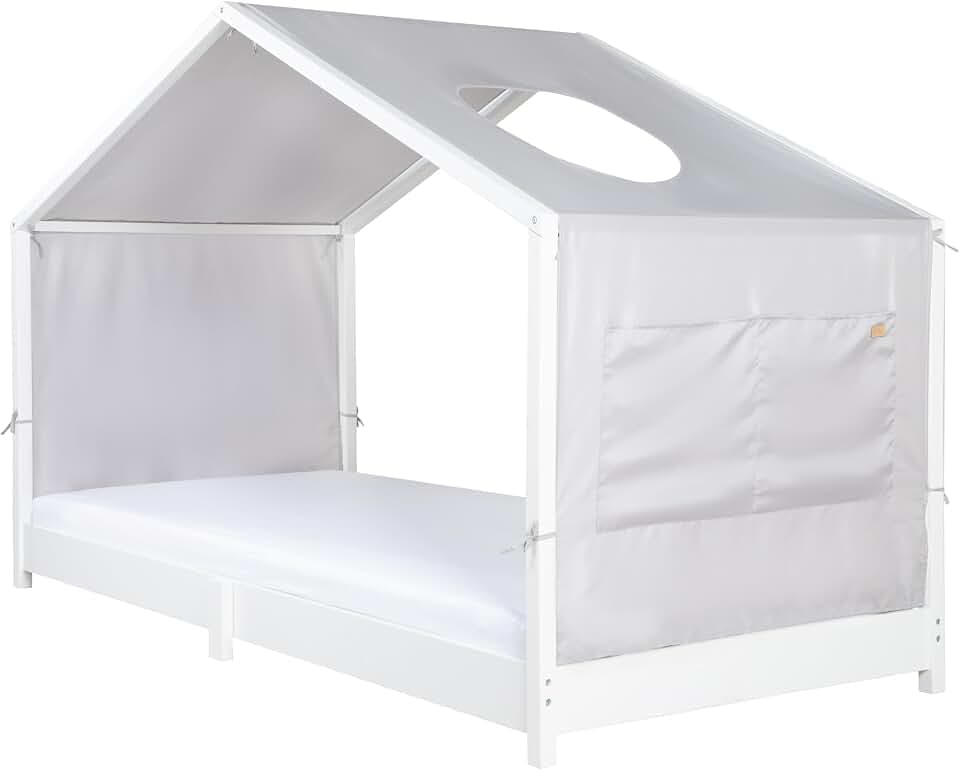 roba Hausbettbezug für Montessori Hausbett 90 x 200 cm – Himmelbett-Zubehör mit 3 Aufbewahrungstaschen & Dachfenster – Hellgrau