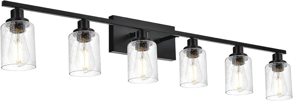 6-Light Seeded Glass Vanity Light Fixtures in Matte Black Finish, 45.3 Inches Length Modern Bathroom Wall Lighting Over Mirror Wall Mount Lights
