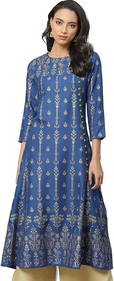 Yash Gallery Women's Rayon Leaf Print Round Neck Calf Length 3/4 Sleeve Anarkali Kurta Dresses For Summer