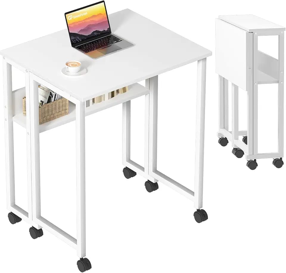 GreenForest Klapptisch mit Rollen, 80 cm, platzsparend, Weiß | Kleiner Schreibtisch klappbar, Homeoffice, Studenten, kleine Räume, montagefrei, 5 Farben, Balkon, Terrasse, Nähmaschine