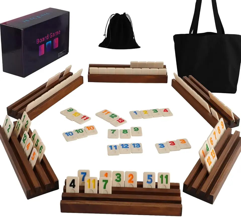Rummy Cup Original, 6 Player Rummy Cup inklusive 160 Spielsteinen, 6 Holz-Steinehaltern, Kordelzug-Aufbewahrungsbeutel, Handtasche für alle Komponent - Klassische Brettspiele für Familie und Party.