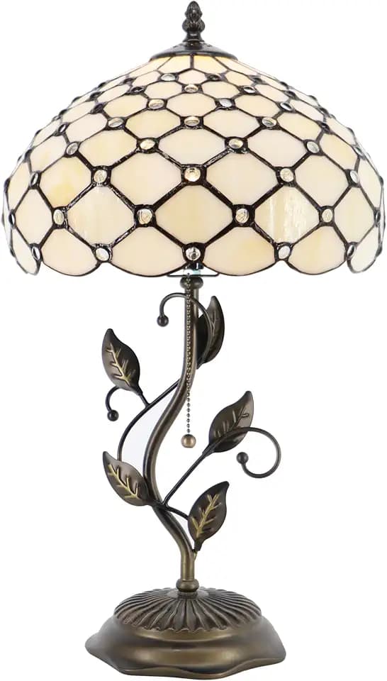Tiffany Table Lamp, Stained Glass Desk Light, 12X12X19 Inch,Bedside Reading Light, Metal Leaf Base (Cream Bead)