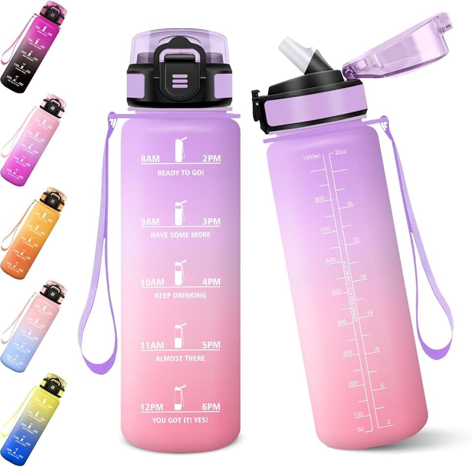 Trinkflasche mit Strohhalm, 1000ml Auslaufsichere Flasche, Trinkflasche Sport, Kohlensäure Geeignet, Flasche, BPA-Frei, Wasserflasche für Fitness, Schule, Büro-Hellviolett&Hellrosa