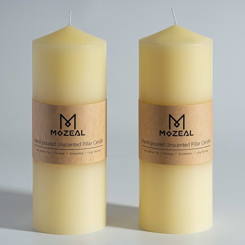 MOZEAL 3" x 8" Hand-Poured Unscented Candles,Large Ivory Pillar Candles Set of 2,No Drip,Approx 120 Hours Long Burning,Wedding,Dinner,Christmas and Home Decor(3 Inch Diameter 8 Inch Height)