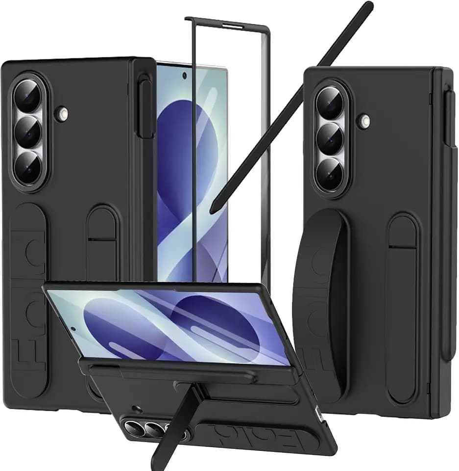 Finger Strap for Samsung Galaxy Z Fold 8 Ultra Case with S Pen Holder & Stylus, Full Coverage Hinge Protection Screen Protector Kickstand Hand Holder Grip Cover Case for Z Fold 8 Ultra Black