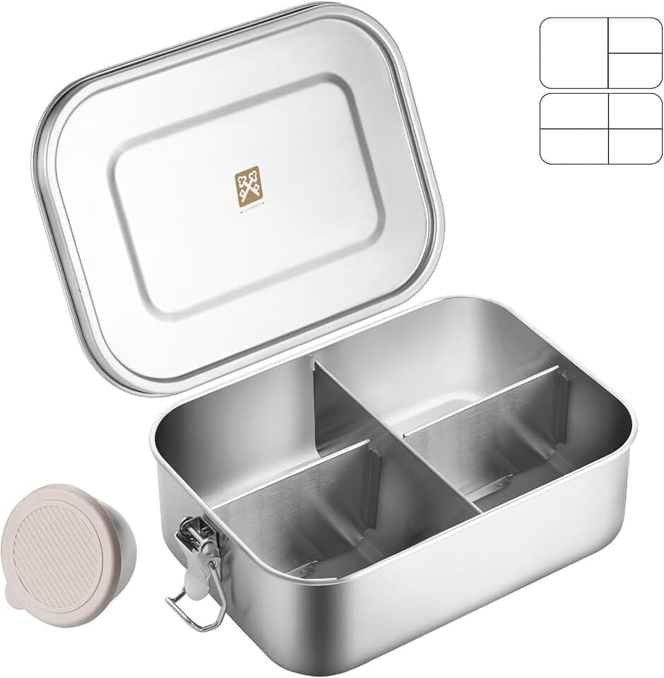 GOLDEN KEY Edelstahl Lunchbox 1200ml füR Erwachsene,Edelstahl Brotdose mit FäChern und Ersatz-Silikonring, Edelstahl Bento Box Auslaufsichere, Jausenbox Brotzeitbox Schule Arbeit Picknick und Reisen