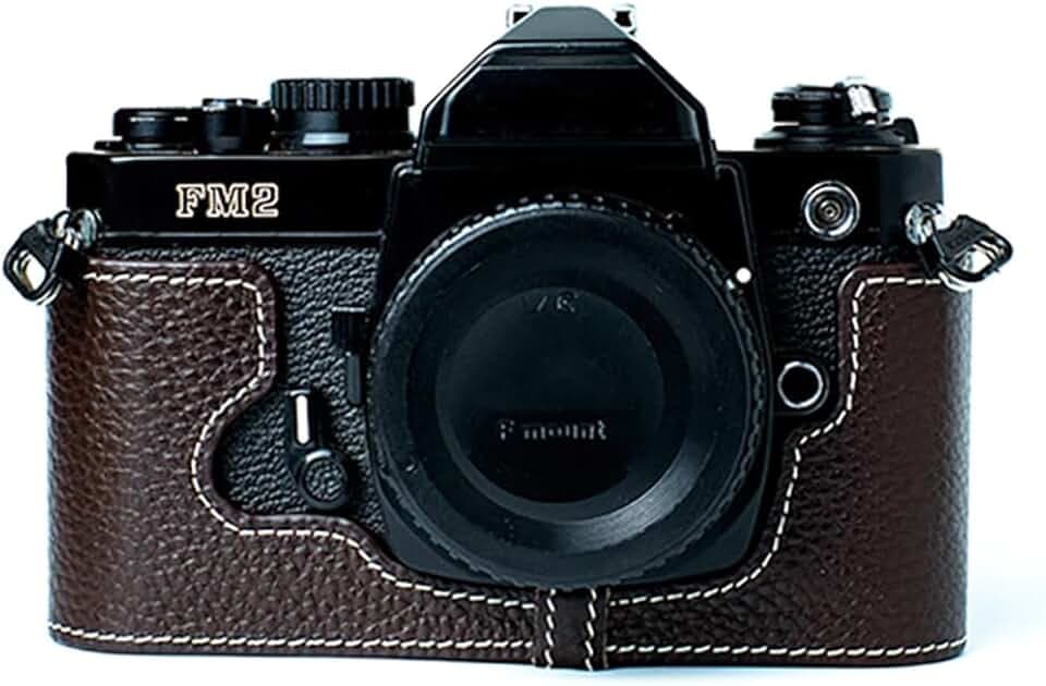 FM2 half case,Handmade Genuine Real Leather Half Camera Case Bag for Nikon FM2 FM FE FM2n FE2 (Mocha-white line)