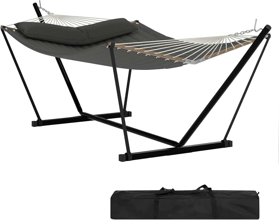 Garvee 2 Person Outdoor Hammock with Stand, Heavy Duty Portable Double Hammock with Balance Rope, MAX 450 LBS Capacity for Patio, Backyard, Garden, Beach