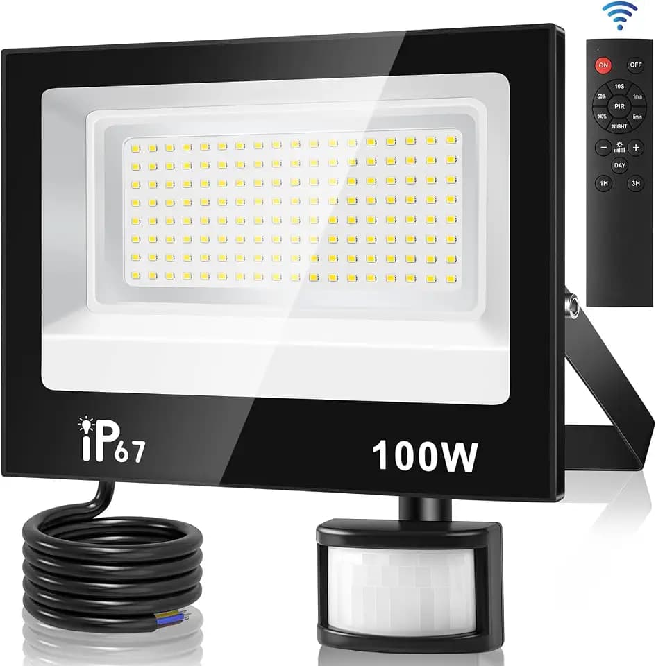 100W Led Strahler mit Bewegungsmelder Außen,4 Modi 10 Helligkeitsstufen Einstellbar LED Scheinwerfer mit Fernbedienung,10000LM,7000K Kaltweiß IP67 Wasserdicht Außenstrahler für Garage,Garten