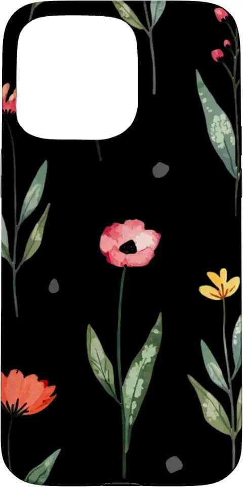 Wildflower Design Soft Watercolor Boho Style Floral on Black Case for iPhone 15 Pro Max