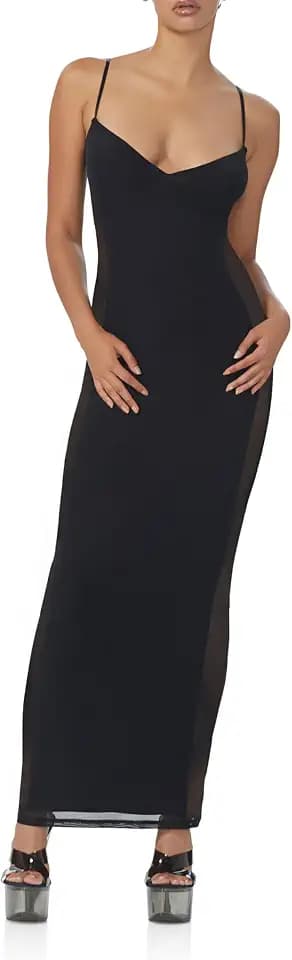 AFRM Women's Alyson Sleeveless Illusion Mesh Maxi Bodycon Dress with Adjustable Spaghetti Straps