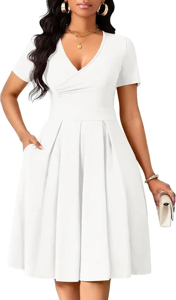MarryUP Women's Casual Wrap Dress Wedding Guest Dresses with Pockets Short Sleeve A-Line Swing V-Neck Pleated Dresses