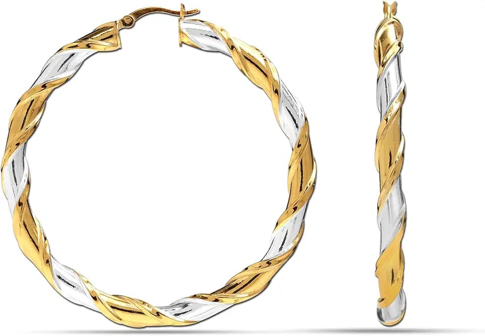 LARGE Two-Tone Twisted Round Light-Weight Click-Top Hoop Earrings for Women 55MM