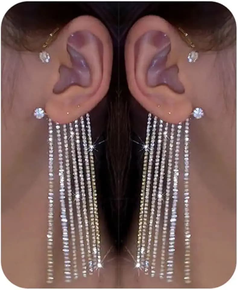2PCS Glitter Rhinestone Long Tassels Dangle Ear Cuff Vintage Non-Piercing Fake Earrings Bridal Wedding Climber Ear Wrap Prom Ball Jewelry for Women Girls