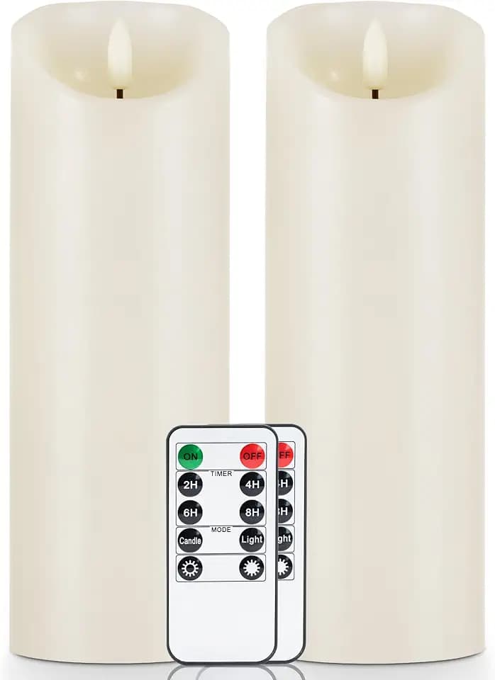 5plots 9" x 3" Flickering Flameless Candles - Battery Operated Wax LED Candles - Amber Yellow Light with Remote and Timers Set of 2, Ivory, for Home Decor, Candle Sconces