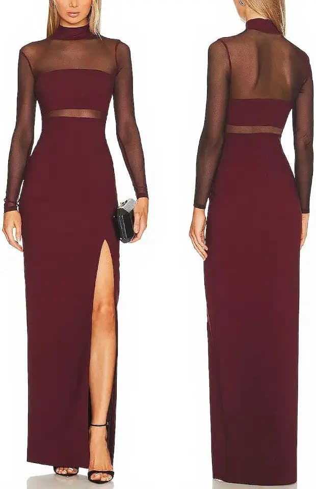 Women Lace Mesh Long Sleeves Turtleneck Bodycon Maxi Dress with Side Slit