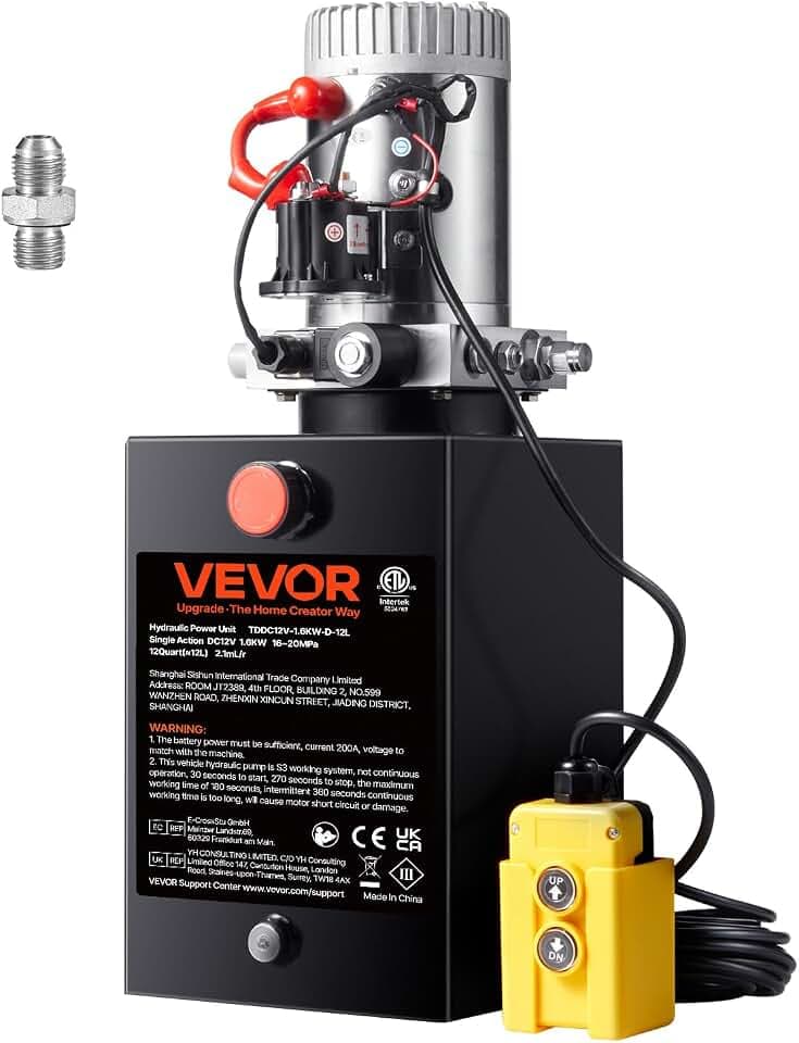 VEVOR Hydraulikpumpe Hydraulikaggregat 12V 11,4L Hydraulikaggregat 1600 W, Einfachwirkende Hydraulikpumpe Hydraulic Power Pack, 3 Gal Tank Hand Pump Hydraulikaggregat, für Aufzüge, Gabelstapler usw.