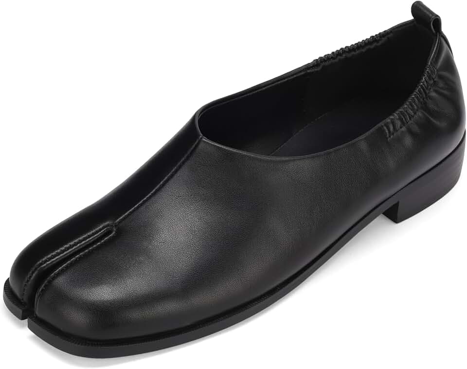 Women's Tabi Flats Split Toe Slip On Flats with Elastic Opening Soft Vegan Leather Ballet Flats for Women Comfortable Casual Dress Shoes for Work and Daily Wear Black