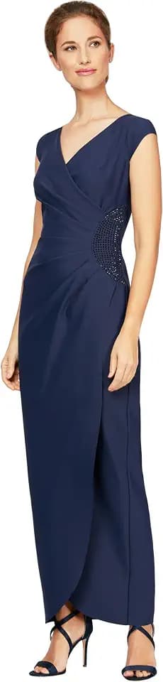 Alex Evenings Women's Slimming Long Cap Sleeve Dress with Side Beaded Detail