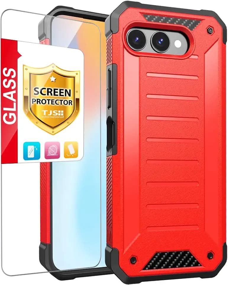 TJS for T-Mobile Revvl 8 Case, with Tempered Glass Screen Protector (Red)