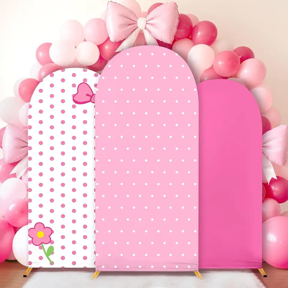 3Pcs Pink Arch Backdrop Cover Pink Stretchy Arch Backdrop Stand Cover Cartoon Cat Bow Spandex 4ft 5ft 6ft Background Covers Cute Spot Photos Prop Covers for Wedding Bridal Baby Shower Photo Decoration