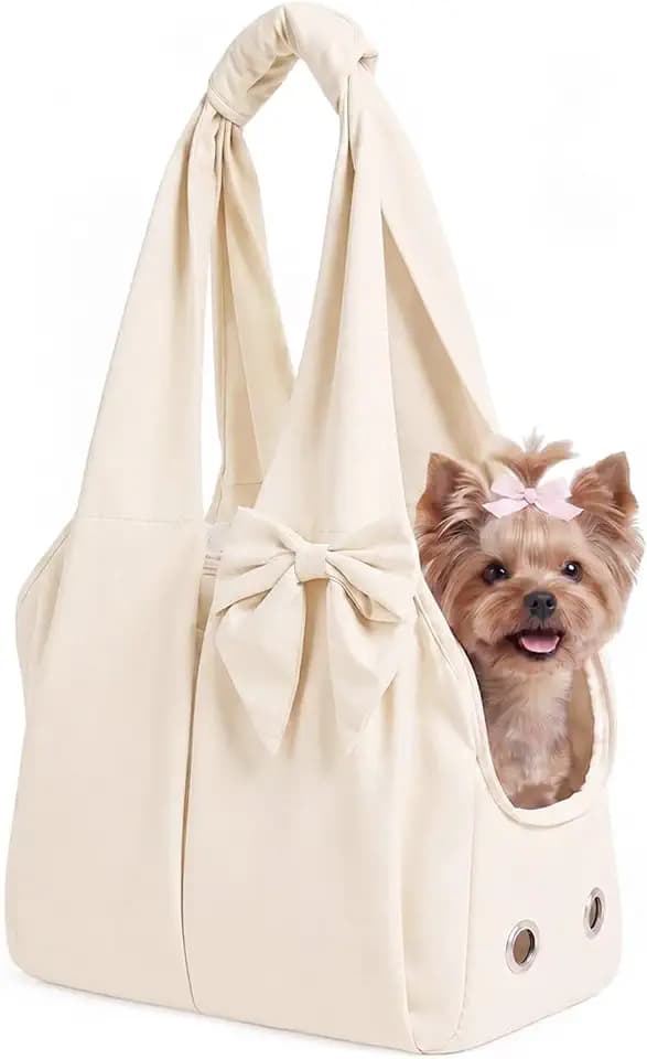 Fashion Dog Purse Carrier for Small Dogs and Cats, Soft-Sided Puppy Tote Bag Up to 13 lbs, Lightweight Pet Carrier with 4 Pockets, Smart Zipper Lock, Pet Travel Bag for Travel Outdoor(Beige)